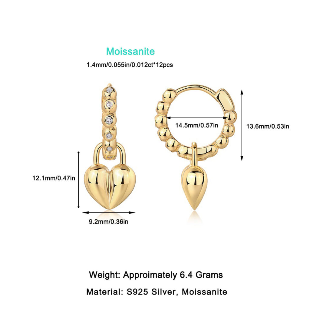 New Heart-shaped Moissanite Stud Earrings for Women with a Sense of Sophistication, Cross-border Hot Sale INS Style Gold Hoop Earrings S925 Silver Earrings