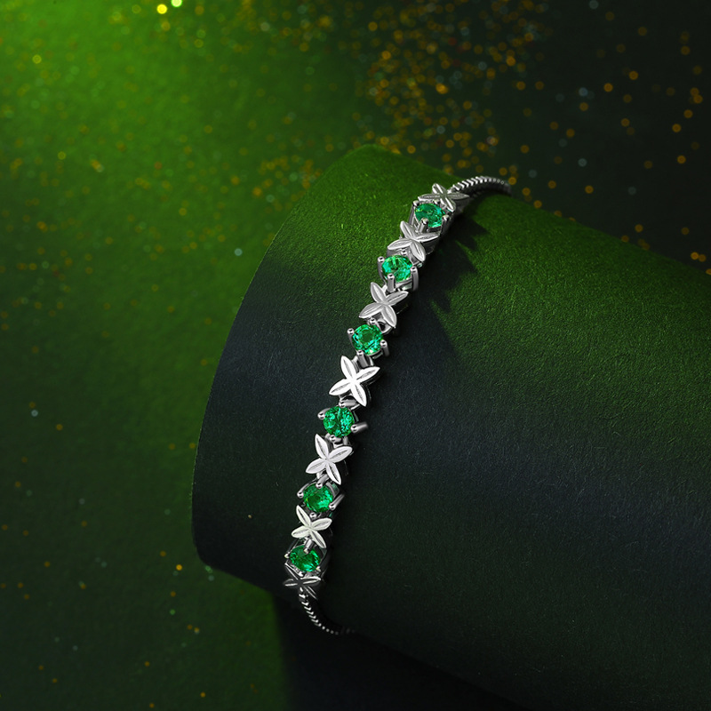 925 Silver Inch Bracelet Inlaid with Emerald Gift Jewelry Wholesale Source Silver Bracelet In Stock for Dropshipping