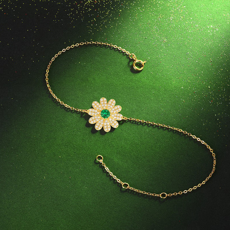 S925 Silver Bracelet Inlaid with Cultivated Emerald Gemstone Flower Dream Facing the Sun Bracelet Jewelry Wholesale