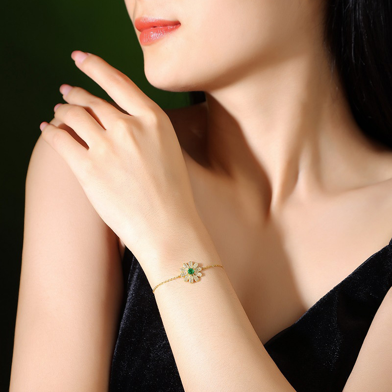 S925 Silver Bracelet Inlaid with Cultivated Emerald Gemstone Flower Dream Facing the Sun Bracelet Jewelry Wholesale