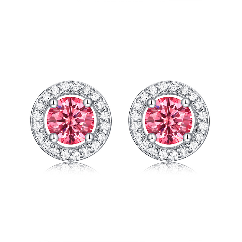 S925 Silver Earrings Women's New Pink Moissanite Jewelry Gift In Stock Round Wrapped Earrings Wholesale