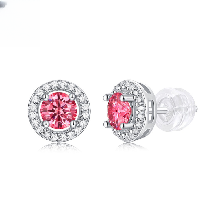 S925 Silver Earrings Women's New Pink Moissanite Jewelry Gift In Stock Round Wrapped Earrings Wholesale