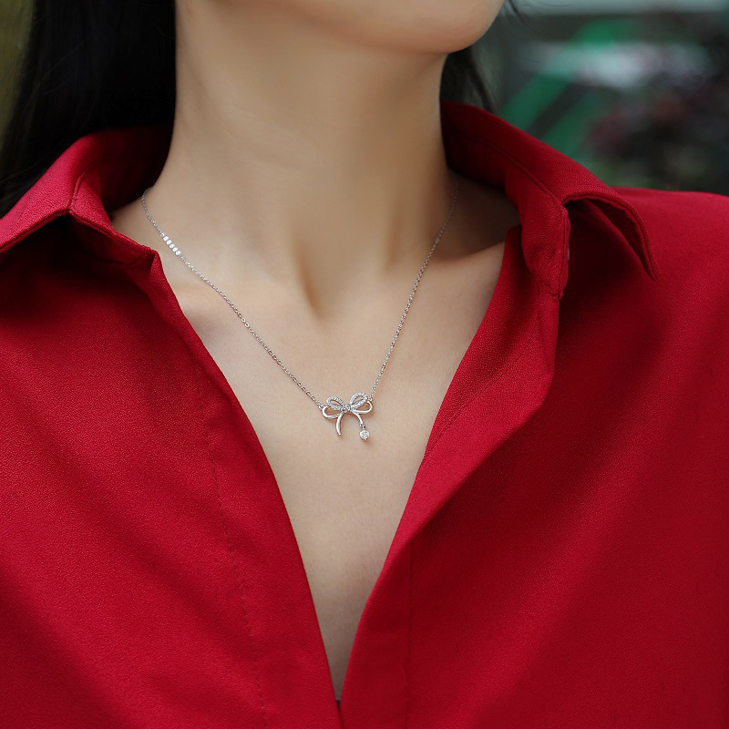 s925 Silver Pink Sentiment Necklace New Women's Moissanite Clavicle Chain Light Luxury Bowknot Live Hot Selling Necklace