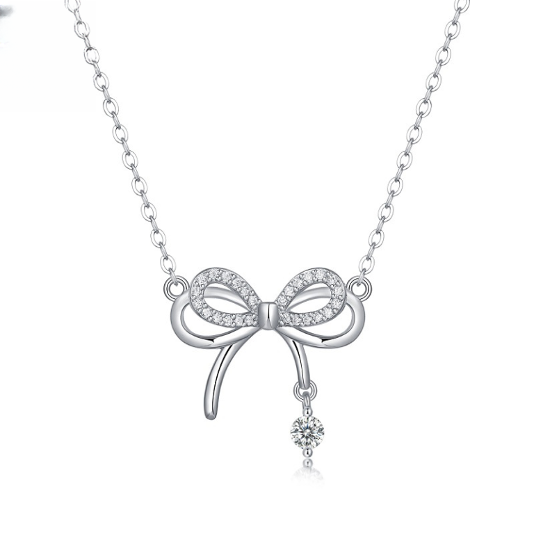 s925 Silver Pink Sentiment Necklace New Women's Moissanite Clavicle Chain Light Luxury Bowknot Live Hot Selling Necklace