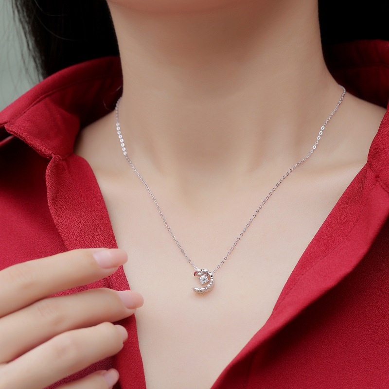 S925 Silver Necklace Moissanite Dream Falling Star and Moon Pendant Fashion Pendant with Chain Trendy Accessories In-stock Necklace