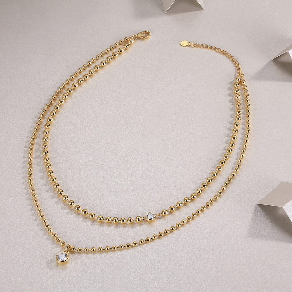 Gold round bead chain S925 silver layered collarbone chain cross-border ins style European and American hot-selling moissanite necklace in stock