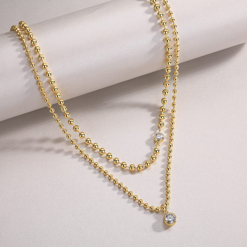 Gold round bead chain S925 silver layered collarbone chain cross-border ins style European and American hot-selling moissanite necklace in stock