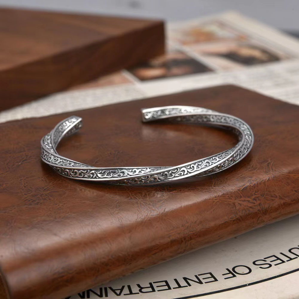 【Wicker Texture Twisted Bangle】S925 Sterling Silver Personalized Men's Punk Retro Eternal Vine Open Bracelet