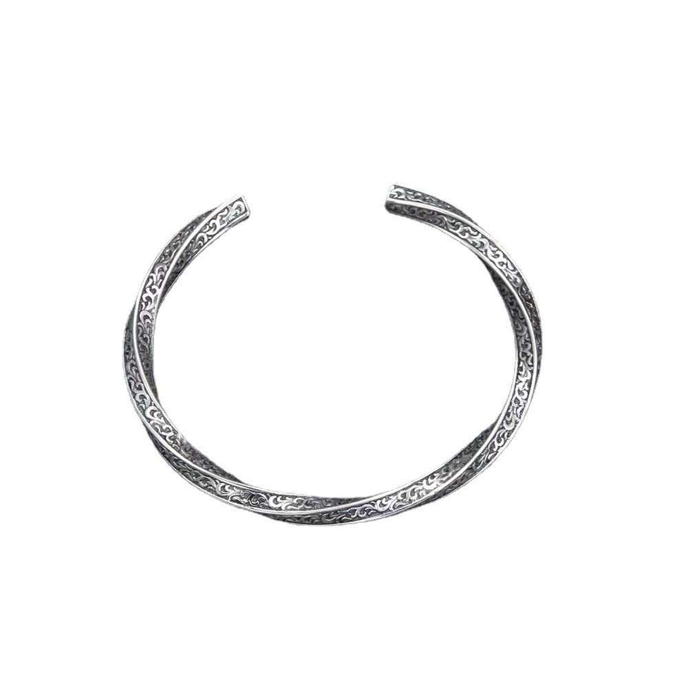 【Wicker Texture Twisted Bangle】S925 Sterling Silver Personalized Men's Punk Retro Eternal Vine Open Bracelet