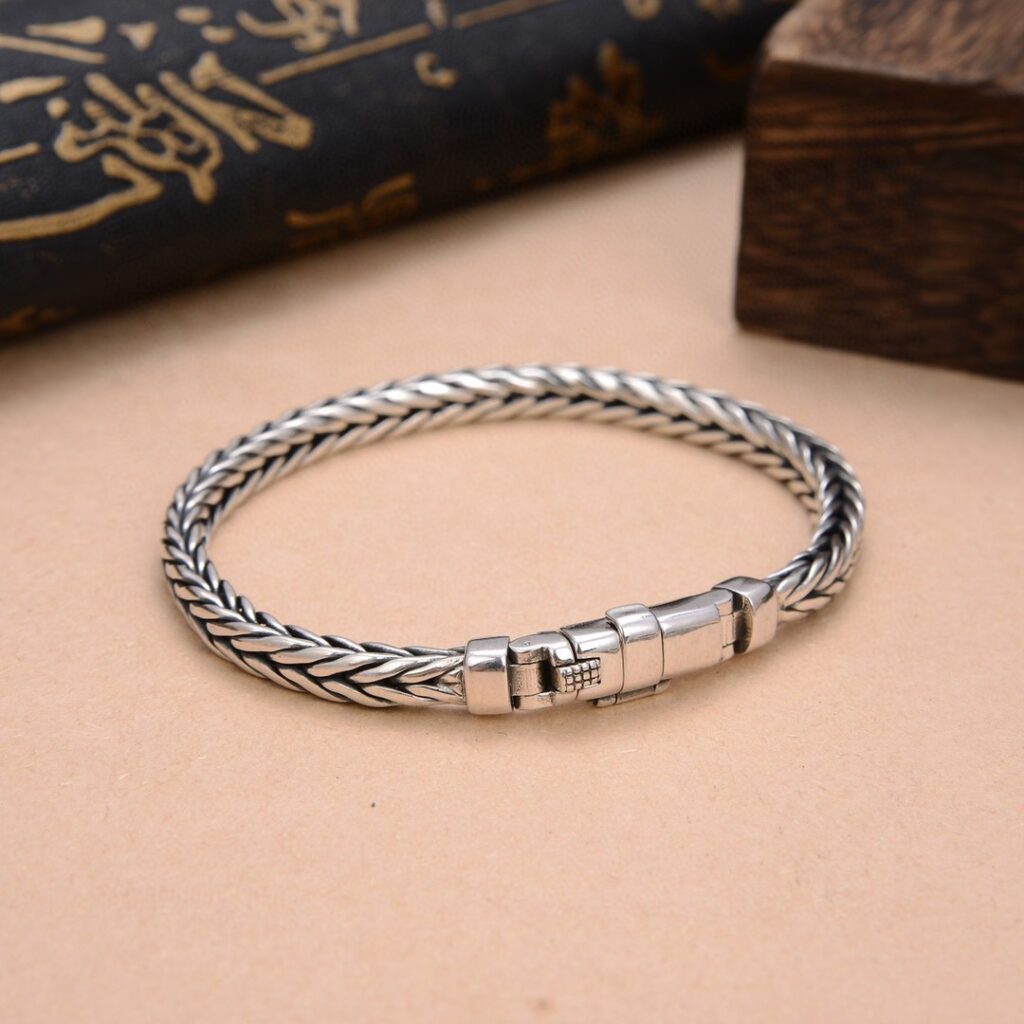 S925 Silver Handmade Woven Sterling Silver Bracelet Retro Domineering Chunky Men's Personalized Dragon Bone Lettering Thai Silver Bracelet