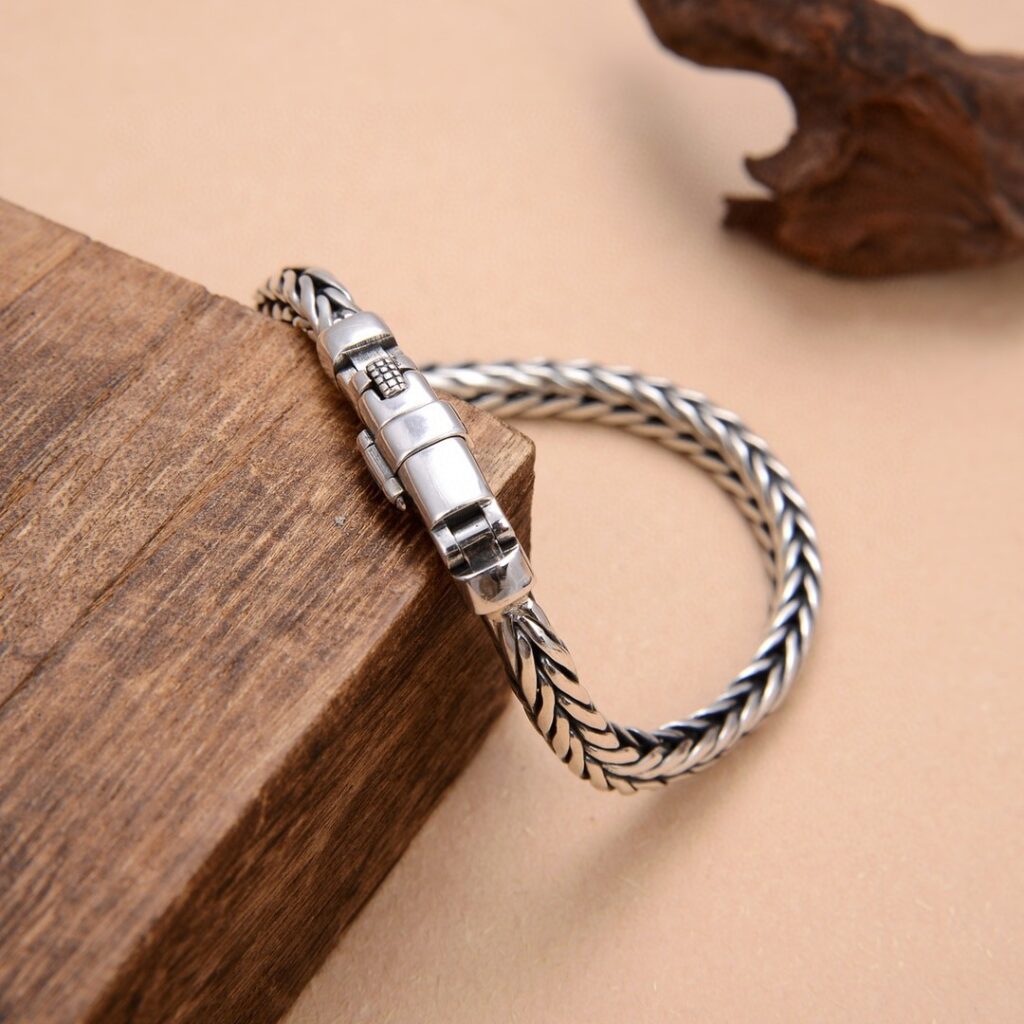 S925 Silver Handmade Woven Sterling Silver Bracelet Retro Domineering Chunky Men's Personalized Dragon Bone Lettering Thai Silver Bracelet